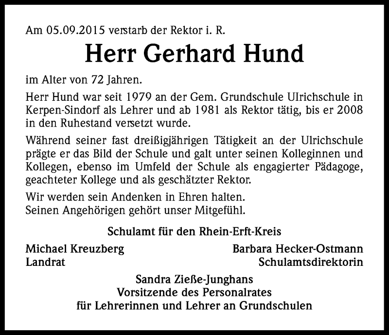  Traueranzeige für Gerhard Hund vom 12.09.2015 aus Kölner Stadt-Anzeiger / Kölnische Rundschau / Express