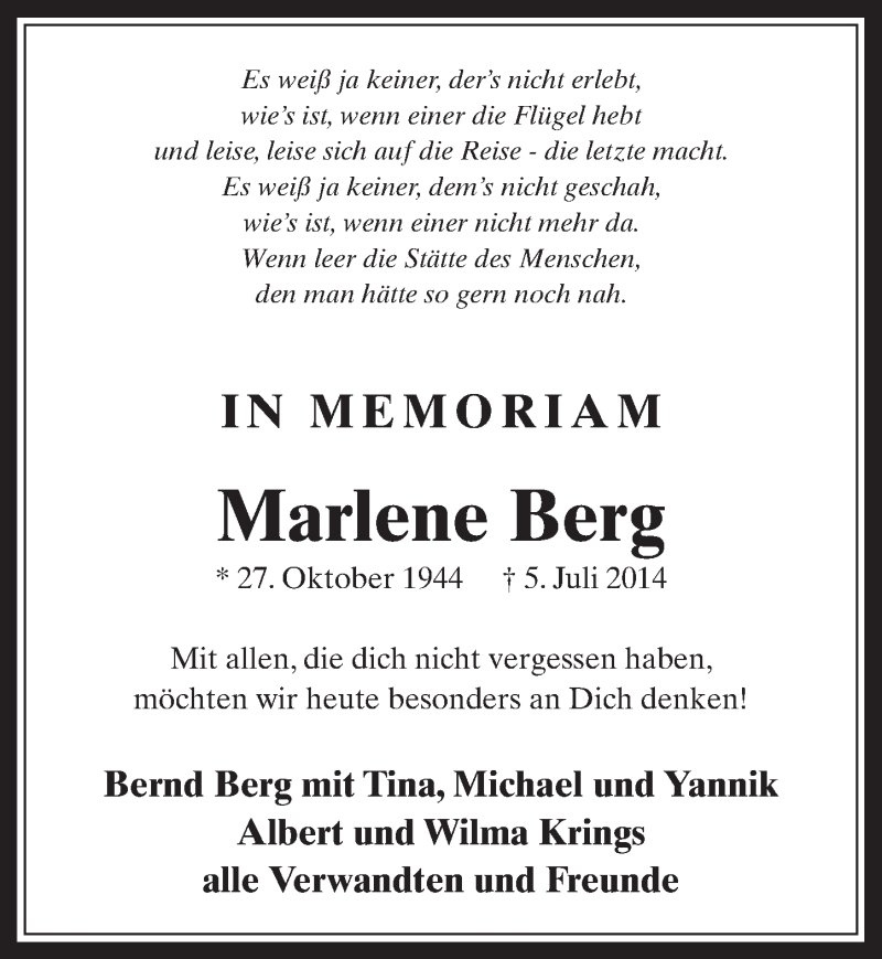  Traueranzeige für Marlene Berg vom 01.07.2015 aus  Werbepost 