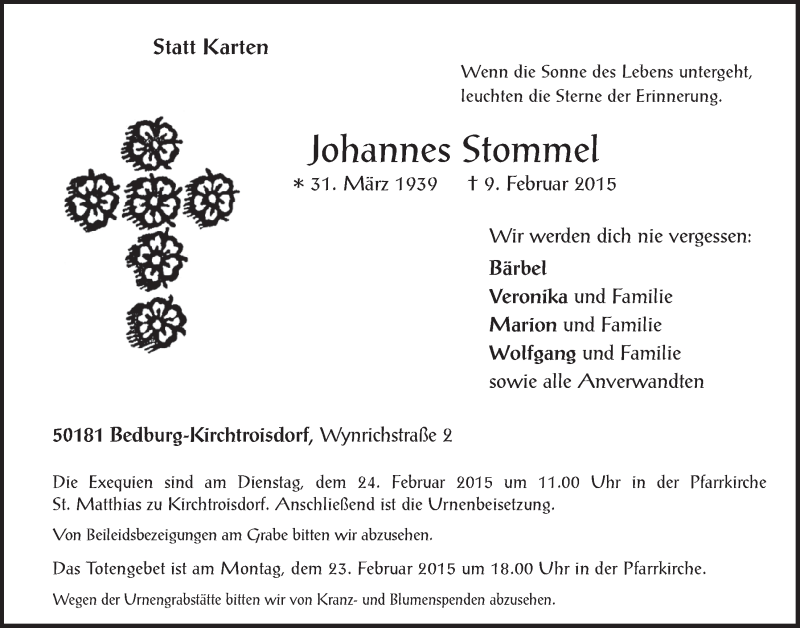  Traueranzeige für Johannes Stommel vom 18.02.2015 aus  Werbepost 