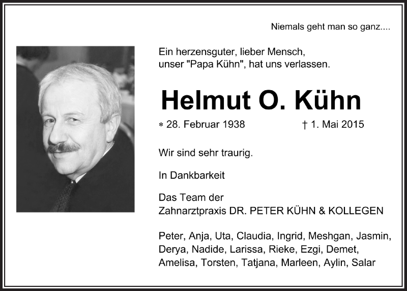  Traueranzeige für Helmut  Kühn vom 13.05.2015 aus  Kölner Wochenspiegel 