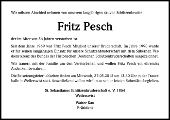 Anzeige von Fritz Pesch von Kölner Stadt-Anzeiger / Kölnische Rundschau / Express