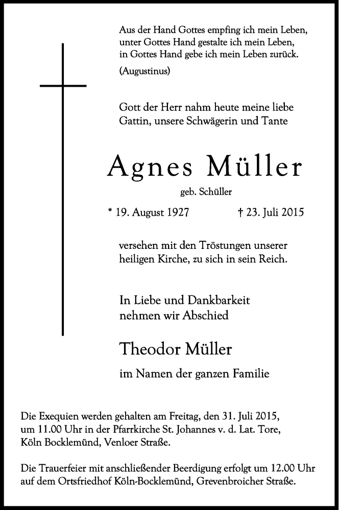 Traueranzeige für Agnes Müller vom 25.07.2015 aus Kölner Stadt-Anzeiger / Kölnische Rundschau / Express