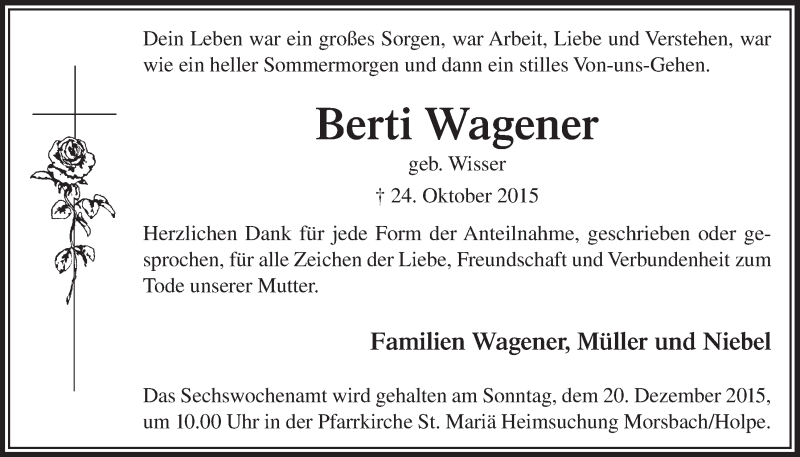  Traueranzeige für Berti Wagener vom 25.11.2015 aus  Lokalanzeiger 