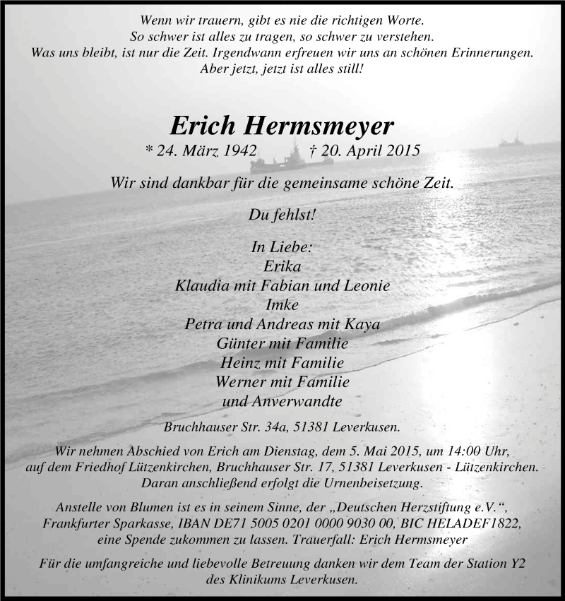  Traueranzeige für Erich Hermsmeyer vom 29.04.2015 aus Kölner Stadt-Anzeiger / Kölnische Rundschau / Express