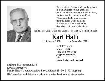 Anzeige von Karl Halft von Kölner Stadt-Anzeiger / Kölnische Rundschau / Express