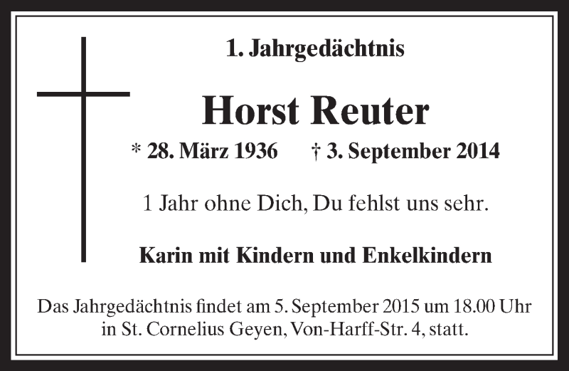  Traueranzeige für Horst Reuter vom 02.09.2015 aus  Wochenende 