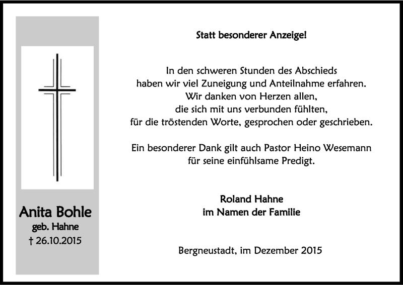  Traueranzeige für Anita Bohle vom 12.12.2015 aus Kölner Stadt-Anzeiger / Kölnische Rundschau / Express