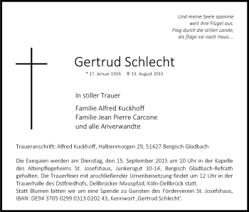 Anzeige von Gertrud Schlecht von Kölner Stadt-Anzeiger / Kölnische Rundschau / Express