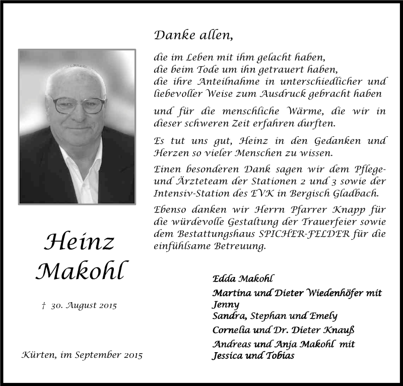  Traueranzeige für Heinz Makohl vom 19.09.2015 aus Kölner Stadt-Anzeiger / Kölnische Rundschau / Express