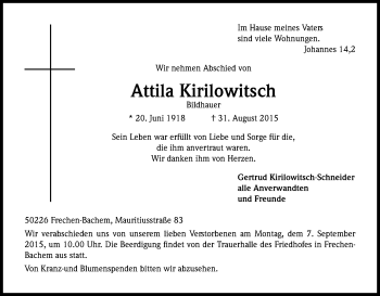 Anzeige von Attila Kirilowitsch von Kölner Stadt-Anzeiger / Kölnische Rundschau / Express