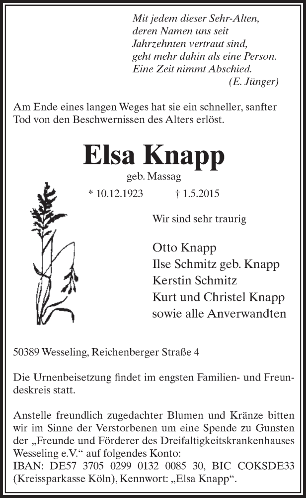  Traueranzeige für Elsa Knapp vom 13.05.2015 aus  Schlossbote/Werbekurier 