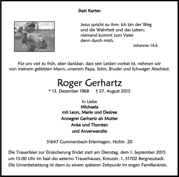 Anzeige von Roger Gerhartz von Kölner Stadt-Anzeiger / Kölnische Rundschau / Express