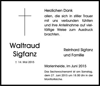 Anzeige von Waltraud Sigfranz von Kölner Stadt-Anzeiger / Kölnische Rundschau / Express