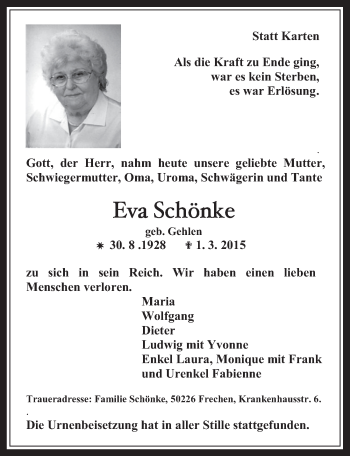 Anzeige von Eva Schönke von  Wochenende 