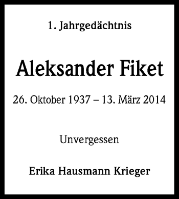 Anzeige von Aleksander Fiket von Kölner Stadt-Anzeiger / Kölnische Rundschau / Express