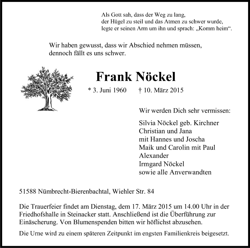  Traueranzeige für Frank Nöckel vom 14.03.2015 aus Kölner Stadt-Anzeiger / Kölnische Rundschau / Express