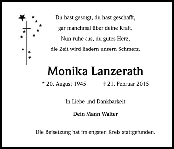 Anzeige von Monika Lanzerath von Kölner Stadt-Anzeiger / Kölnische Rundschau / Express
