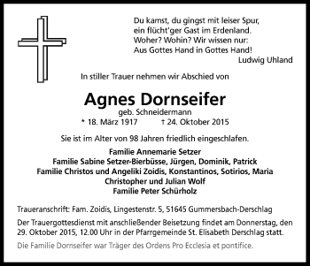 Anzeige von Agnes Dornseifer von Kölner Stadt-Anzeiger / Kölnische Rundschau / Express