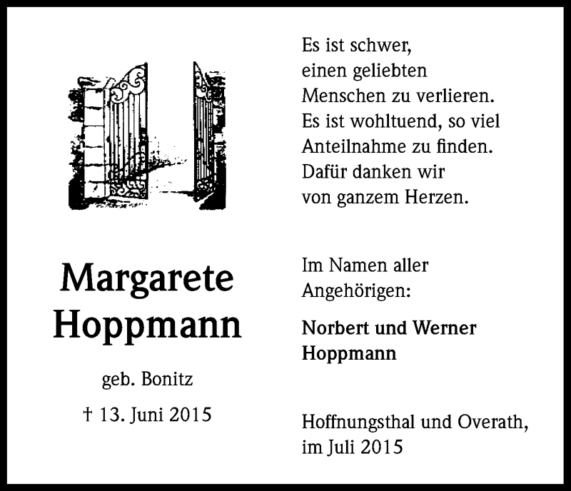  Traueranzeige für Margarete Hoppmann vom 11.07.2015 aus Kölner Stadt-Anzeiger / Kölnische Rundschau / Express