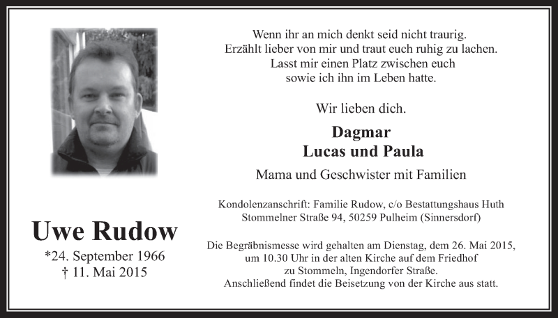  Traueranzeige für Uwe Rudow vom 20.05.2015 aus  Wochenende 