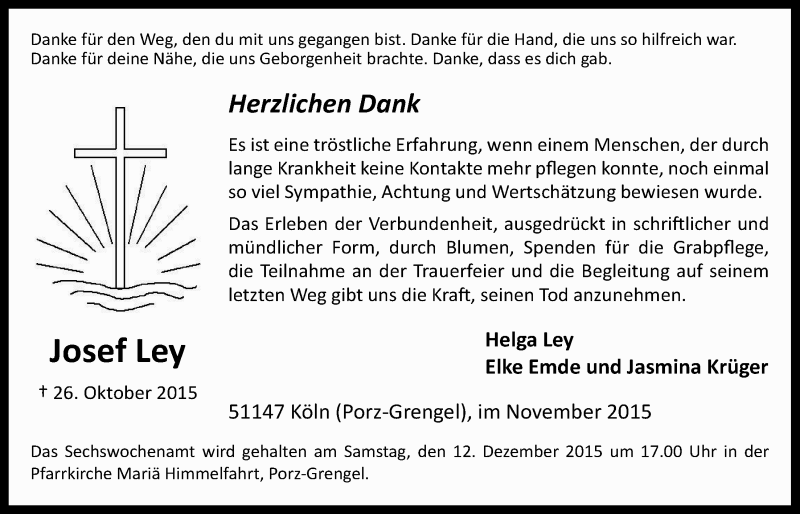  Traueranzeige für Josef Ley vom 18.11.2015 aus  Kölner Wochenspiegel 