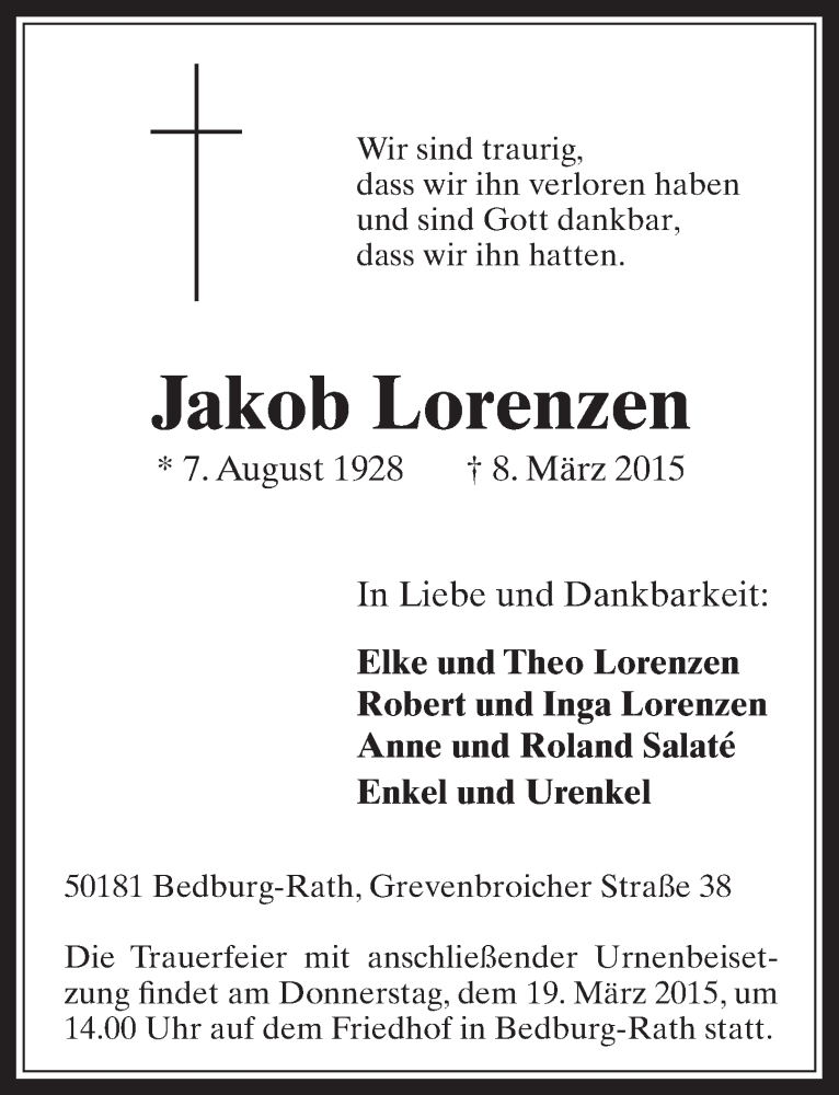  Traueranzeige für Jakob Lorenzen vom 11.03.2015 aus  Werbepost 