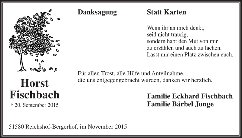  Traueranzeige für Horst Fischbach vom 11.11.2015 aus  Lokalanzeiger 
