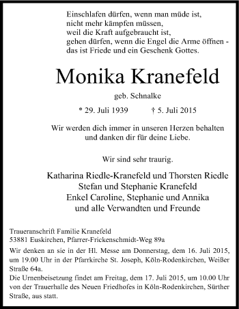 Anzeige von Monika Kranefeld von Kölner Stadt-Anzeiger / Kölnische Rundschau / Express