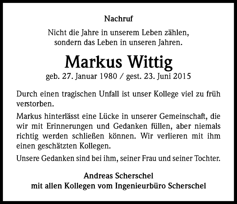  Traueranzeige für Markus Wittig vom 11.07.2015 aus Kölner Stadt-Anzeiger / Kölnische Rundschau / Express