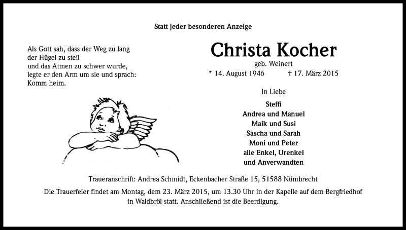  Traueranzeige für Christa Kocher vom 19.03.2015 aus Kölner Stadt-Anzeiger / Kölnische Rundschau / Express