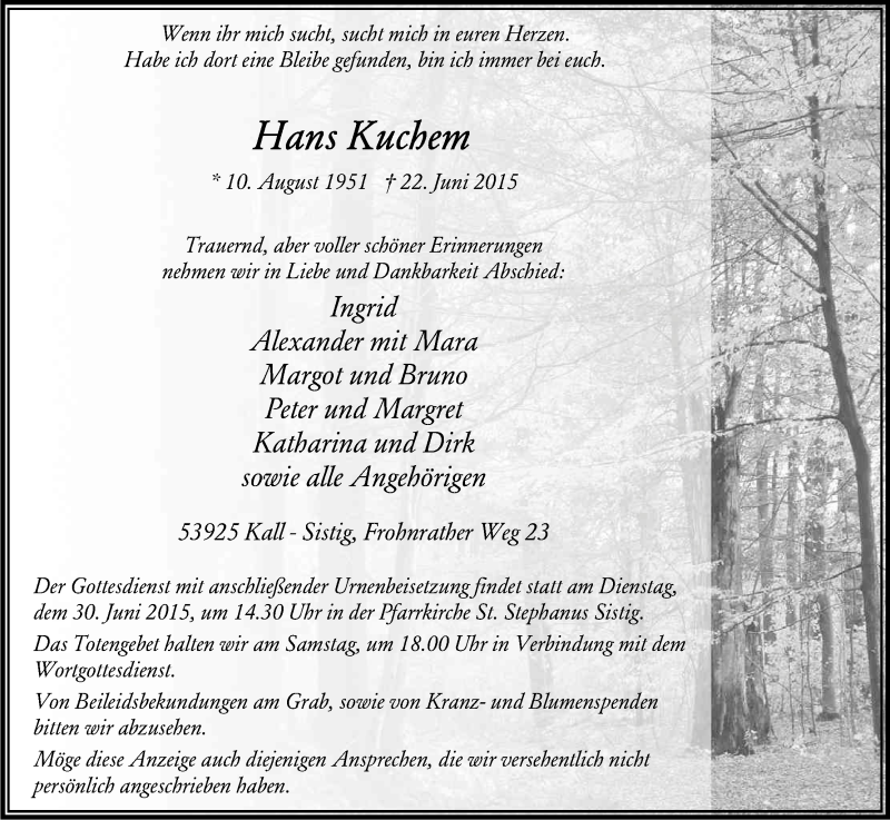  Traueranzeige für Hans Kuchem vom 26.06.2015 aus Kölner Stadt-Anzeiger / Kölnische Rundschau / Express