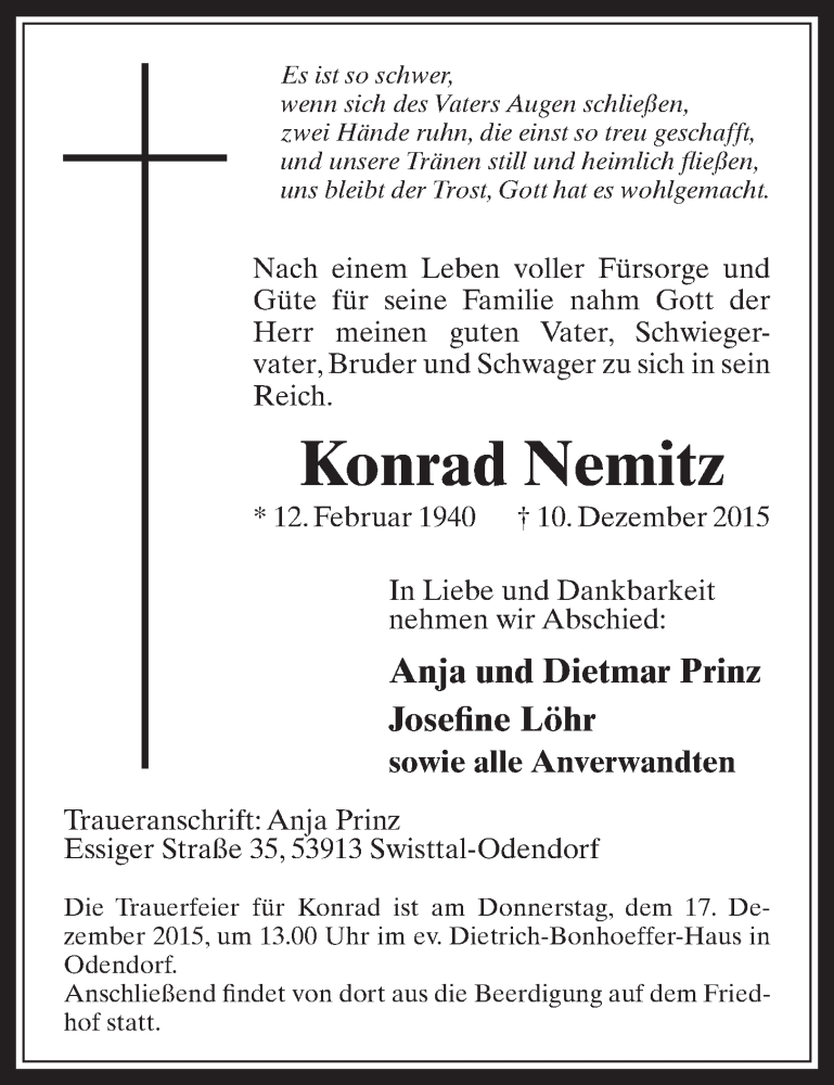  Traueranzeige für Konrad Nemitz vom 16.12.2015 aus  Schaufenster/Blickpunkt 
