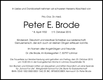 Anzeige von Peter E. Brode von Kölner Stadt-Anzeiger / Kölnische Rundschau / Express