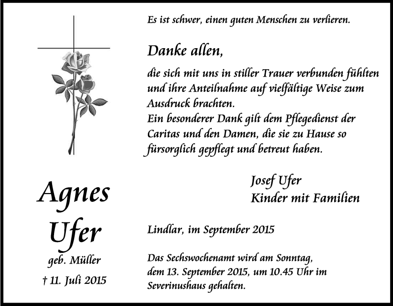  Traueranzeige für Agnes Ufer vom 05.09.2015 aus Kölner Stadt-Anzeiger / Kölnische Rundschau / Express
