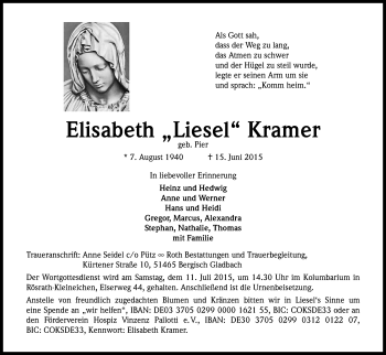 Anzeige von Elisabeth  Kramer von Kölner Stadt-Anzeiger / Kölnische Rundschau / Express