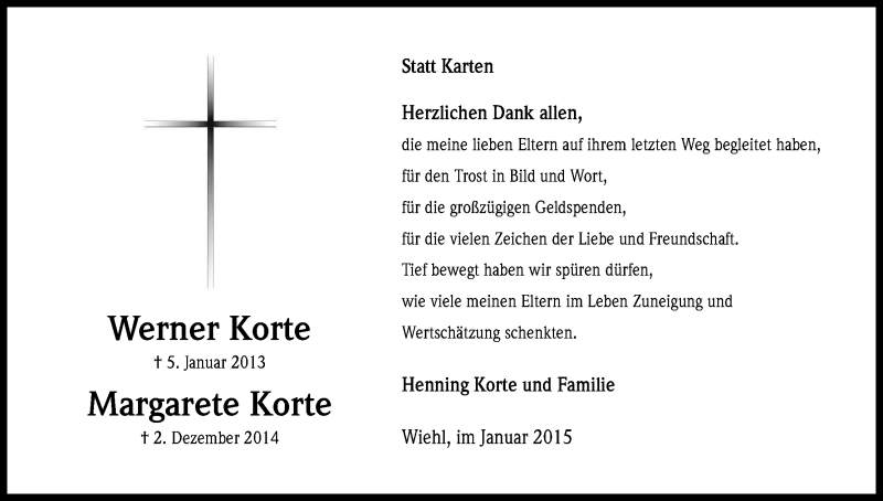  Traueranzeige für Ehepaar Korte vom 31.01.2015 aus Kölner Stadt-Anzeiger / Kölnische Rundschau / Express