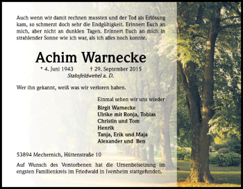 Anzeige von Achim Warnecke von Kölner Stadt-Anzeiger / Kölnische Rundschau / Express