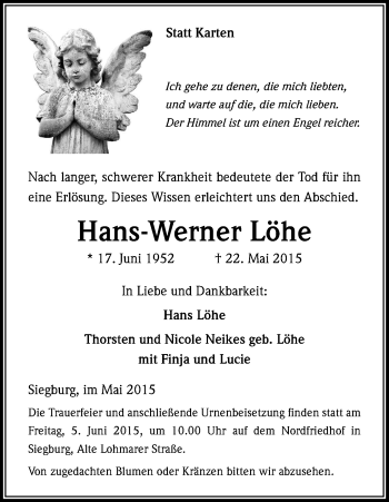 Anzeige von Hans-Werner Löhe von Kölner Stadt-Anzeiger / Kölnische Rundschau / Express