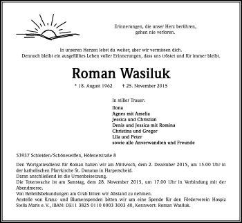 Anzeige von Roman Wasiluk von Kölner Stadt-Anzeiger / Kölnische Rundschau / Express