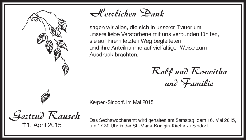  Traueranzeige für Gertrud Rausch vom 09.05.2015 aus  Sonntags-Post 