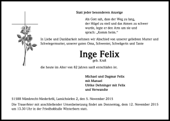 Anzeige von Inge Felix von Kölner Stadt-Anzeiger / Kölnische Rundschau / Express