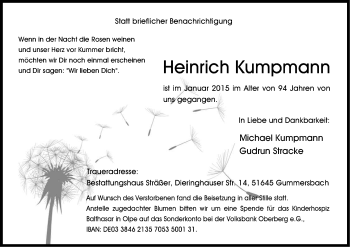 Anzeige von Heinrich Kumpmann von Kölner Stadt-Anzeiger / Kölnische Rundschau / Express