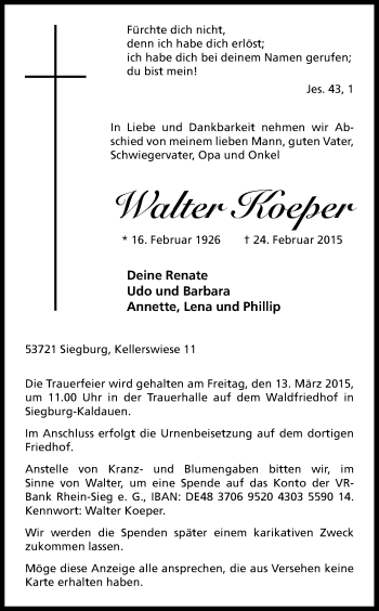Anzeige von Walter Koeper von Kölner Stadt-Anzeiger / Kölnische Rundschau / Express