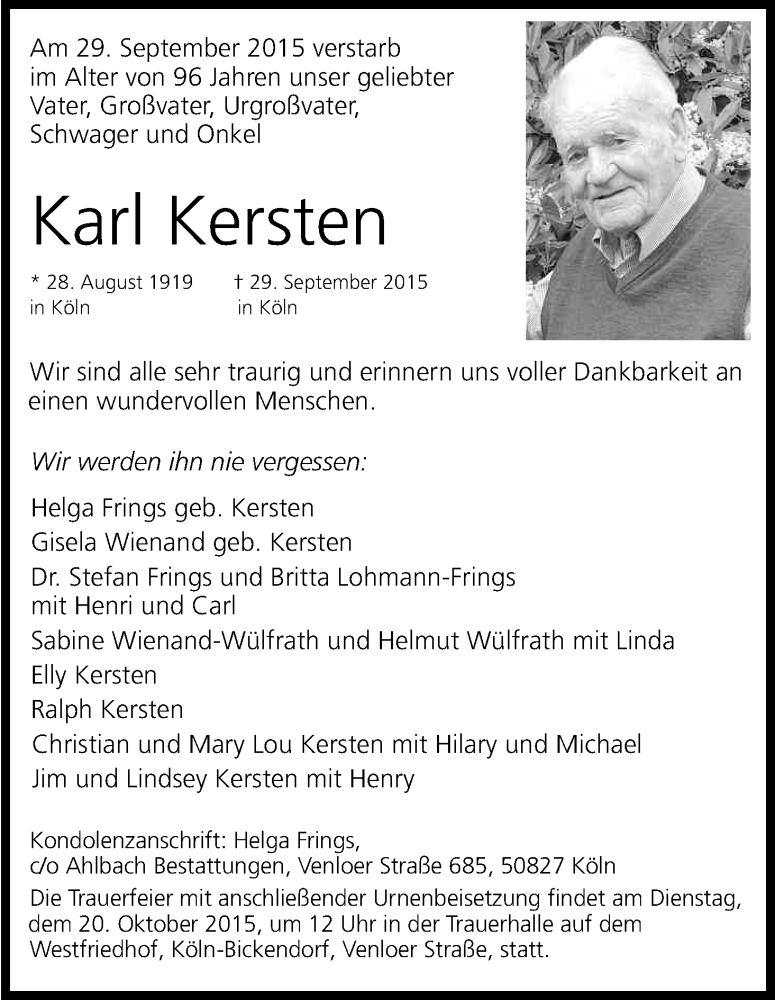  Traueranzeige für Karl Kersten vom 10.10.2015 aus Kölner Stadt-Anzeiger / Kölnische Rundschau / Express