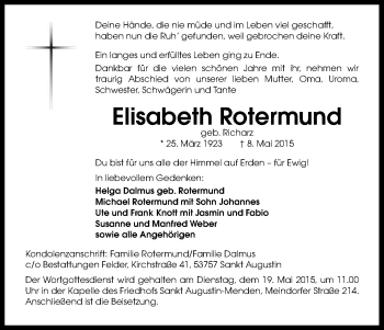 Anzeige von Elisabeth Rotermund von Kölner Stadt-Anzeiger / Kölnische Rundschau / Express