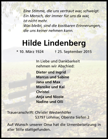Anzeige von Hilde Lindenberg von Kölner Stadt-Anzeiger / Kölnische Rundschau / Express