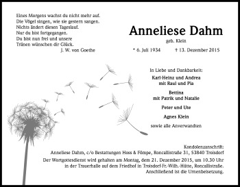 Anzeige von Anneliese Dahm von Kölner Stadt-Anzeiger / Kölnische Rundschau / Express