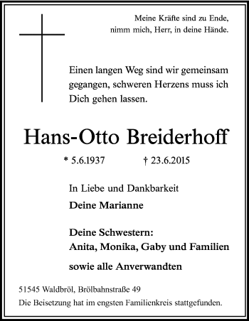 Anzeige von Hans-Otto Breiderhoff von Kölner Stadt-Anzeiger / Kölnische Rundschau / Express
