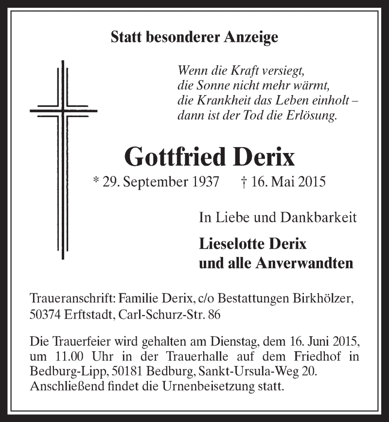  Traueranzeige für Gottfried Derix vom 10.06.2015 aus  Werbepost 