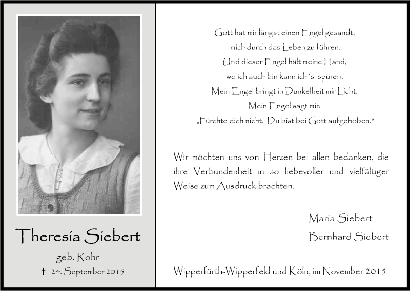  Traueranzeige für Theresia Siebert vom 06.11.2015 aus Kölner Stadt-Anzeiger / Kölnische Rundschau / Express